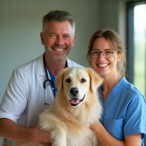 Owner and pet with smiling veterinarian